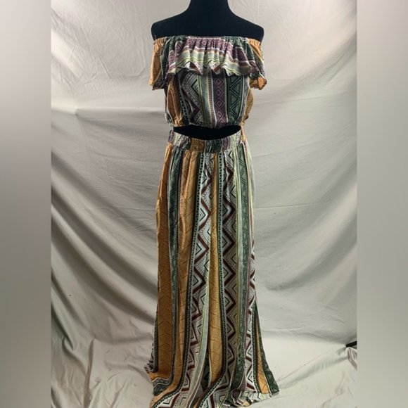 Boho Flounce Off Shoulder Geo Top & Split Thigh Pants Set - Picture 7 of 8